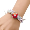 Detail of pink and green braided bracelet featuring a soccer ball snap button on wrist - White Base Red & White Football (XSWX8455-White-7)