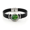 Detailed close-up of lucky four leaf clover charm on black leather bracelet with steel clasp - Lucky Shamrock Style 10 (XSWX8460-10)