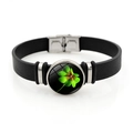 Close-up of black leather bracelet with green clover glass charm and silver snap clasp - Lucky Shamrock Style 9 (XSWX8460-9)