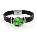 Black leather bracelet with green lucky four-leaf clover pendant and silver metal buckle - Lucky Shamrock Style 4 (XSWX8460-4)