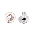 Cute cartoon unicorn clip-on earrings for kids with a polished silver finish - Colorful Dreamy Unicorn Style (XSWX8451-7)