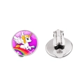 Cute purple cartoon unicorn clip-on earrings for kids with rainbow glass dome detail - Rainbow Background Unicorn Style (XSWX8451-9)