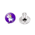 Cute cartoon rainbow unicorn clip-on earrings with purple galaxy glass dome in silver base - Purple Starry Unicorn Style (XSWX8451-10)