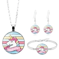 Silver cartoon unicorn jewelry set with rainbow necklace, earrings, and bracelet - Rainbow Stripe Background Unicorn (XSWX8450-2)