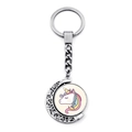 Cute rotating cartoon unicorn and moon keychain pendant in polished silver finish - Rotating Rainbow Mane Unicorn Style (XSWX8449-7)