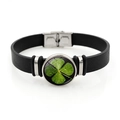 Lucky four-leaf clover black leather bracelet with stainless steel clasp and glass charm - Lucky Shamrock Style 6 (XSWX8460-6)