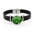 Lucky four leaf clover bracelet with black leather strap and green glass cabochon - Lucky Four-Leaf Clover Style 7 (XSWX8460-7)
