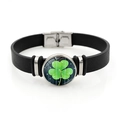Black leather bracelet with a green lucky clover glass charm and stainless steel buckle - Lucky Shamrock Style 8 (XSWX8460-8)