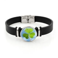Black leather bracelet with a green clover glass dome pendant and silver metal snap clasp - Lucky Shamrock Style 11 (XSWX8460-11)