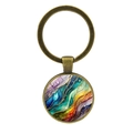 Vintage bronze keychain with round abstract colorful fluid art oil painting pendant - Antique Bronze