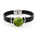 Black leather bracelet with a green four-leaf clover charm and stainless steel clasp - Lucky Shamrock Style 12 (XSWX8460-12)
