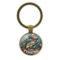 Llavero vintage Gone Fishing en bronce con cúpula de cristal e ilustración de pesca - Bronce Antiguo