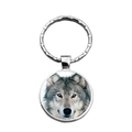 Silver metal howling wolf head keychain featuring a realistic glass cabochon pendant - Realistic Wolf Portrait (XSWX8463-1)