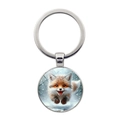 Cute orange snow fox pendant with round silver metal keyring and glass dome cover - Silver