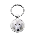 Silver howling wolf keychain featuring a realistic white wolf head portrait in a round base - Polar White Wolf Portrait (XSWX8463-4)
