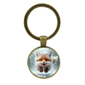 Cute snow fox pendant keychain with vintage bronze metal ring and glass dome art - Antique Bronze