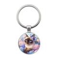 Portachiavi con gatto siamese e farfalla con anello in metallo argento su bianco - Gatto Siamese Farfalla Ortensia (XSWX8530) / Argento