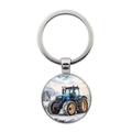 Vintage Metall Schlüsselanhänger mit rundem Anhänger und blauem Traktor-Motiv - Silber