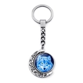 Silver howling wolf keychain with rotating moon crescent pendant and glass art - Fantasy Blue Wolf Head (XSWX8432-7)