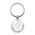 Llavero de cristal religioso con corona floral y versículo bíblico en anillo de plata pulida - Plateado