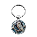 Polished silver owl keychain with circular winter moonlit night owl art pendant - Dark Blue Moonlit Owl Style (XSWX7822-6)