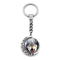 Silver howling wolf keychain with rotating moon pendant and detailed hollow-out frame charm - Wild Gray Wolf Head (XSWX8432-19)
