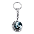 Rotating crescent moon keychain with howling wolf silhouette in a starry night glass dome - Wolf Under Starry Night (XSWX8432-24)