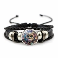 Detailed macro view of retro leather owl bracelet with multi-layer braided cord and beads - Colorful Owl (XSWX7829-1)