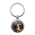 Silver round metal keychain with vintage reindeer illustration and glass dome insert - Silver