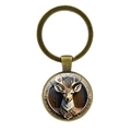 Vintage bronze deer head keychain with artistic wood-texture circular pendant charm - Antique Bronze