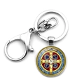 Close-up of Saint Benedict Medal keychain with silver lobster clasp and red blue resin inlay - Drip Glue Red and Blue Medal Style (XSWX7909-5)