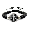 Détail de perles noires mates et médaille de Saint-Benoît sur bracelet religieux - Perles Noires Mattes Design Cordon Réglable (XSWX7913-10)