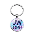 Macro detail of JW.ORG glass dome keychain featuring cherry blossoms on blue background - Pink Cherry Blossom Pattern (XSWX7896-5)
