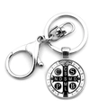 Portachiavi con medaglia di San Benedetto con moschettone argento e ciondolo religioso - Stile Motivo Vintage Bianco e Nero (XSWX7909-4)