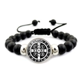 Bracelet médaille Saint-Benoît avec perles noires mates et cordon en corde tressée réglable - Perles Noires Mattes Style Garnitures Argentées (XSWX7913-9)