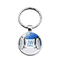 Detail view of round metal keychain with JW.ORG logo and penguin scene on snowy background - Penguin Group Background (XSWX7896-4)
