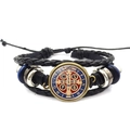 Religiöses Sankt-Benedikt-Medaillen-Armband aus mehrlagigem geflochtenem Leder im Punk-Stil - Messingkante Glasbasis-Stil (XSWX7914-8)