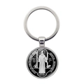 Round silver St. Benedict medal keychain in polished stainless steel for car and bag - Religious Culture Style (XSWX7907-10)