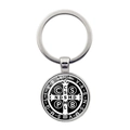 Silver St. Benedict Medal keychain with religious symbols and a polished metal finish - Glossy Polished Style (XSWX7907-9)