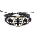 Mehrlagiges St. Benedikt Medaillen Lederarmband mit geflochtenen Perlen im Punk-Stil - Bronze Metallrahmen-Stil (XSWX7914-4)