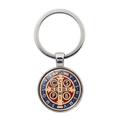 Silver St. Benedict Medal keychain with red and blue enamel inlay on white background - Exquisite Micro Carving Style (XSWX7907-8)