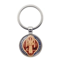 Detailed close-up of Saint Benedict Medal keychain with red and blue enamel finish - Vintage Art Style (XSWX7907-7)
