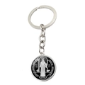 Close-up of Saint Benedict Medal keychain in silver metal with black and white enamel detail - Silver Black Statue Style (XSWX7908-10)