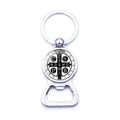 St. Benedict Medal bottle opener keychain in polished silver metal with black enamel - St. Benedict Cross Black Background Style (XSWX7910-4)