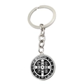 Detail of Saint Benedict Medal keychain in silver metal with religious cross engraving - Black Background White Text Style (XSWX7908-9)