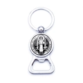 Silver Saint Benedict medal keychain with built-in metal bottle opener function - St. Benedict Figure Relief Style (XSWX7910-3)