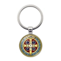 Detail of Saint Benedict Medal keychain with red and blue enamel and silver metal finish - Red Blue Enamel Style (XSWX7907-5)
