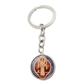 Macro detail of a Saint Benedict Medal keychain with red and blue enamel inlay - Red Blue Gold Epoxy Style (XSWX7908-7)