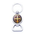 Macro detail of the Saint Benedict Medal keychain featuring an integrated bottle opener tool - St. Benedict Enamel Painted Style (XSWX7910-12)