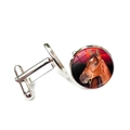 Macro detail of men's horse head glass cabochon cufflinks with polished silver metal finish - Brown Horse Head Red Background (XSWX7905-3)